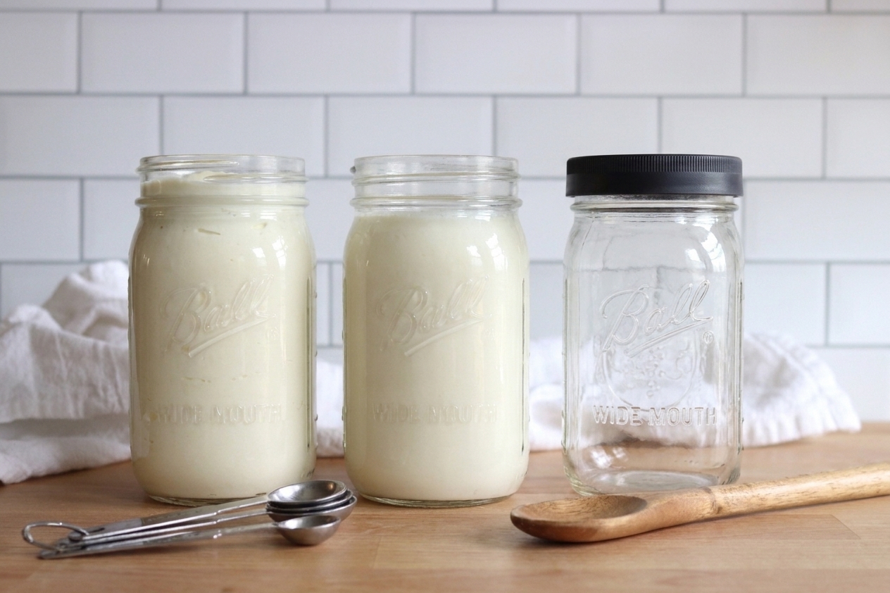 Heavy cream, cultured buttermilk, a clean jar, and measuring spoons arranged on a bright kitchen counter
