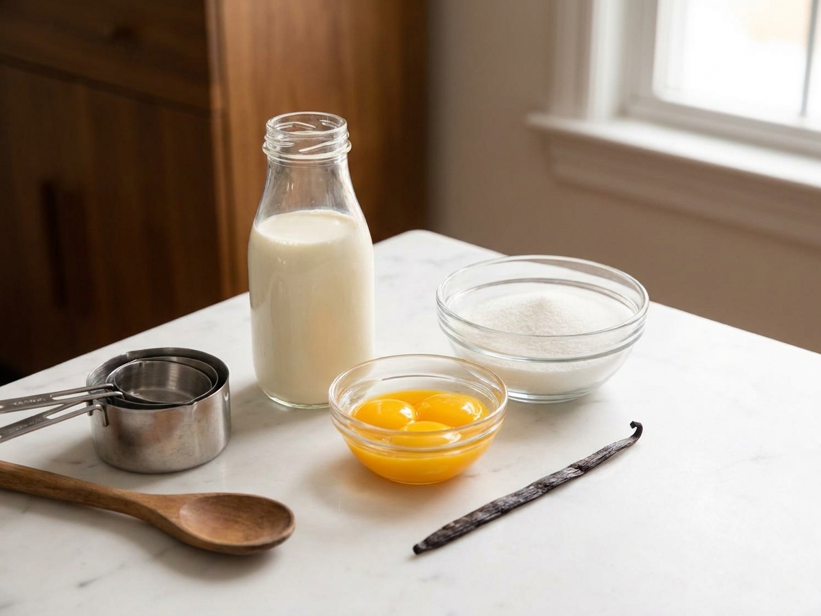 Heavy cream, egg yolks, sugar, and a vanilla bean arranged on a light kitchen counter with measuring cups nearby