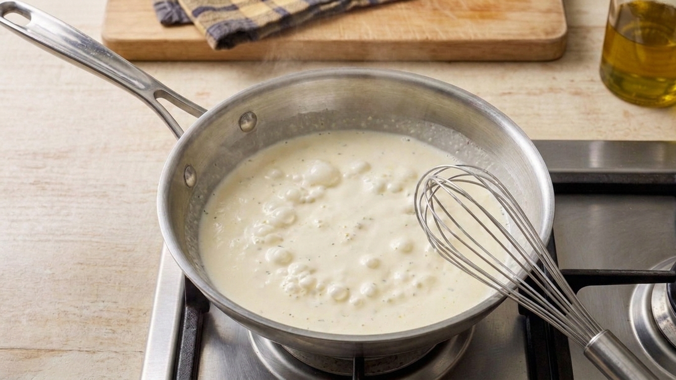 Heavy cream gently simmering in a skillet with a whisk resting on the edge