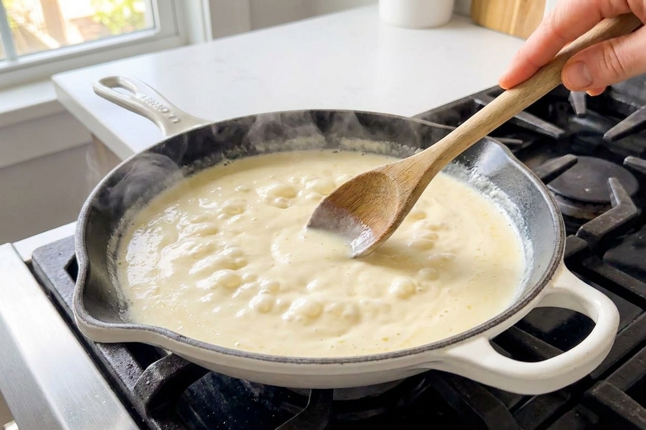 Heavy cream gently simmering in a skillet with a wooden spoon stirring, on a home stove