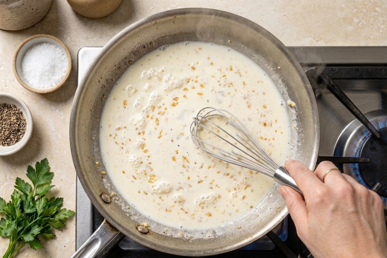 Heavy cream gently simmering in a skillet with visible specks of garlic, being whisked