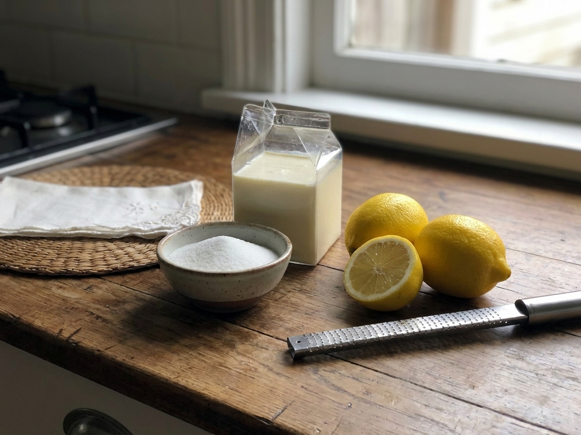 Heavy cream, granulated sugar, fresh lemons, and a microplane arranged on a bright kitchen counter with soft natural light