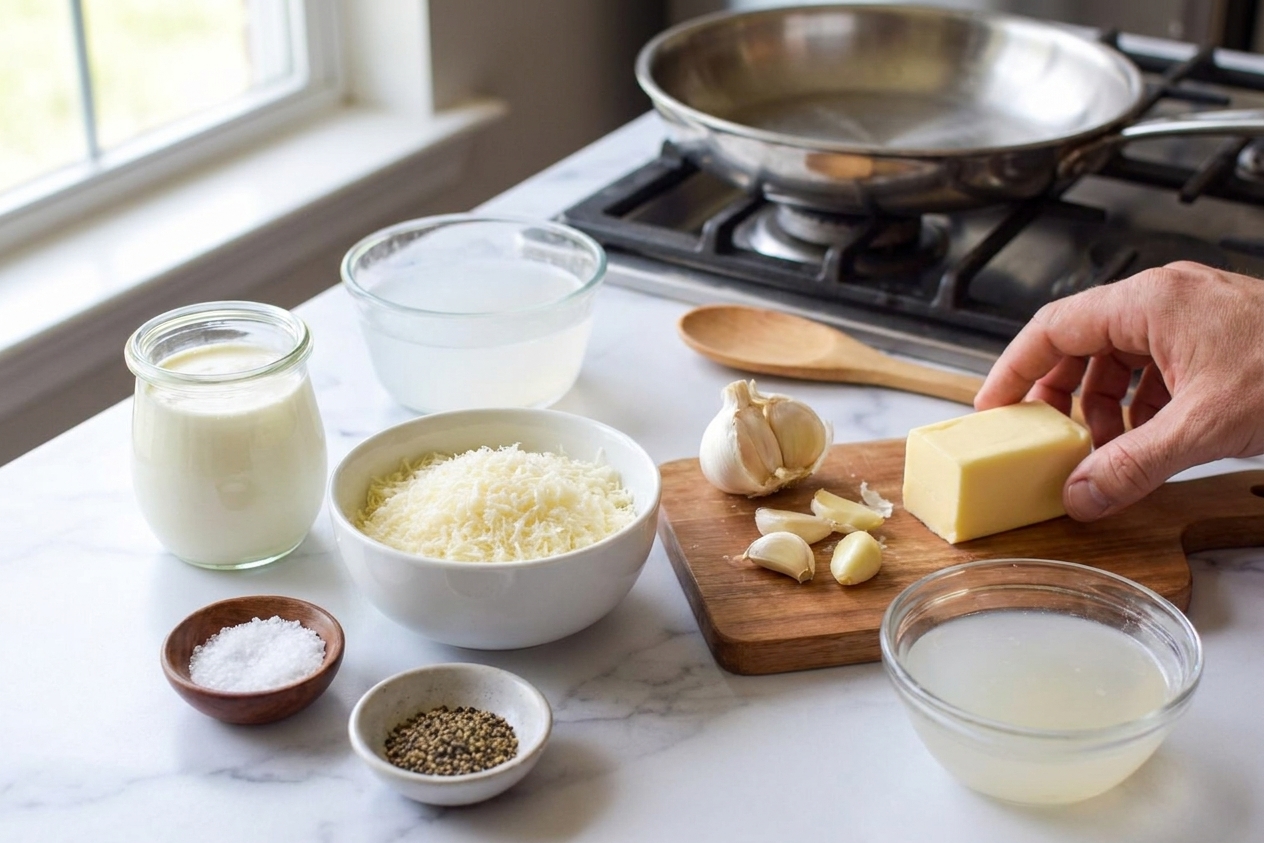 Heavy cream, grated Parmesan, garlic cloves, butter, salt, black pepper, and a small bowl of pasta water arranged on a light kitchen counter