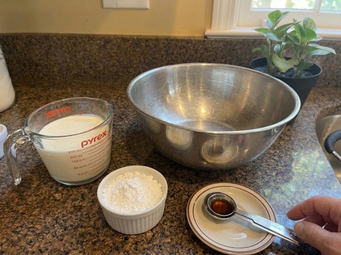 Heavy cream, powdered sugar, and vanilla extract measured out on a clean kitchen counter with a mixing bowl ready