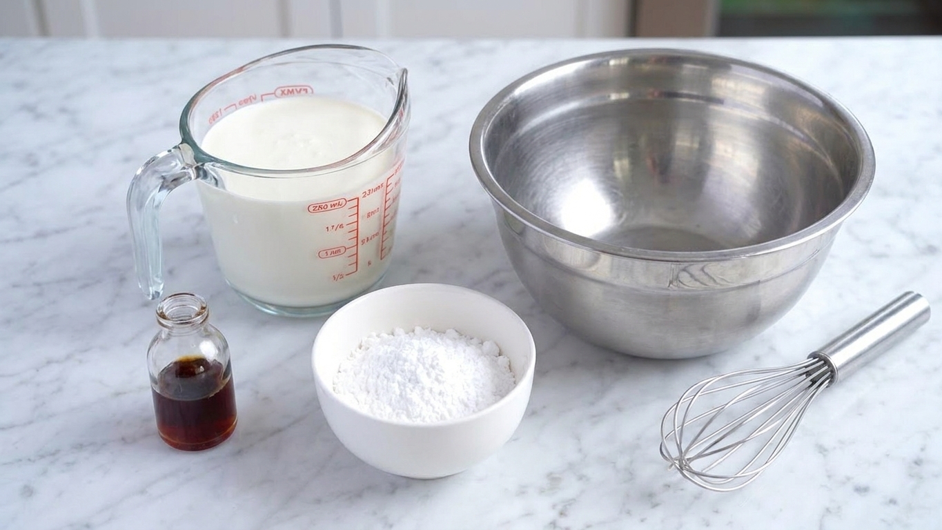 Heavy cream, powdered sugar, and vanilla extract measured on a kitchen counter with a metal mixing bowl and whisk nearby