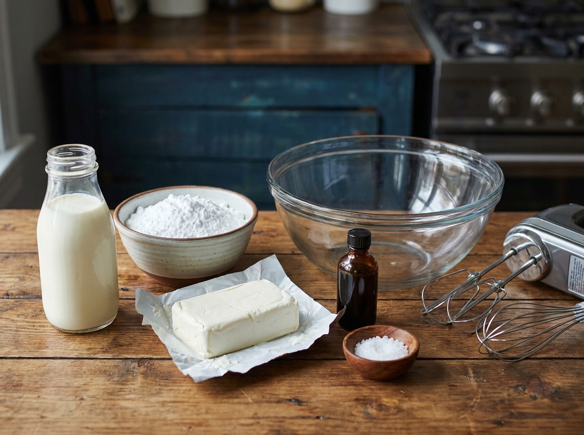 Heavy cream, powdered sugar, vanilla, cream cheese, and a pinch of salt arranged on a clean kitchen counter beside a mixing bowl