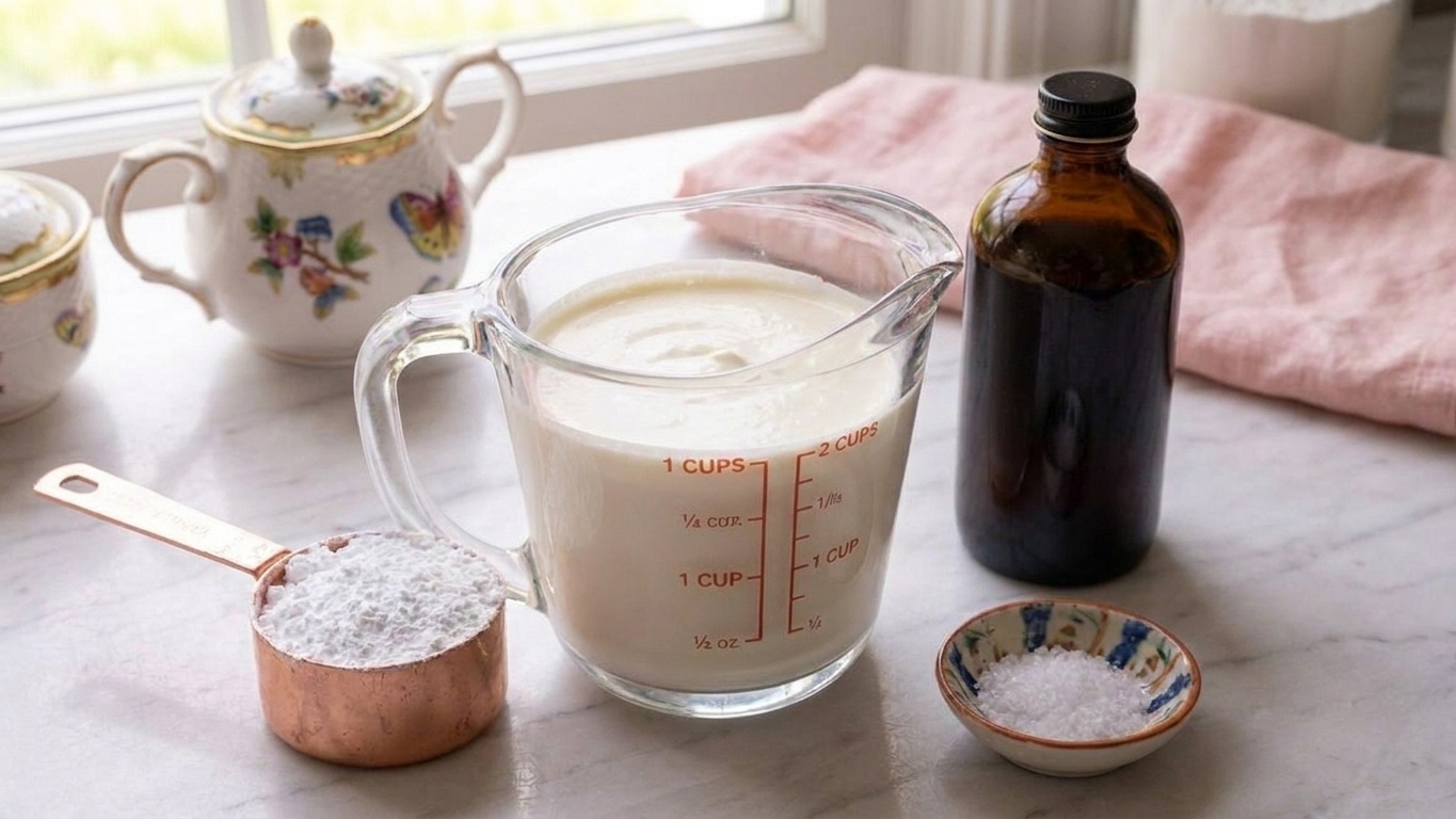 Heavy cream, powdered sugar, vanilla extract, and a small pinch bowl of salt arranged on a kitchen counter