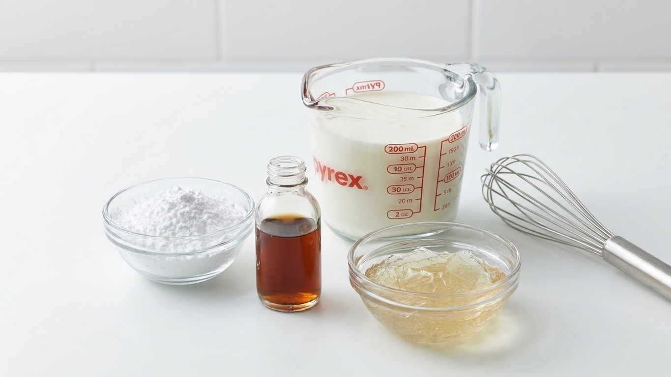 Heavy cream, powdered sugar, vanilla extract, and a small bowl of bloomed gelatin measured on a clean kitchen counter