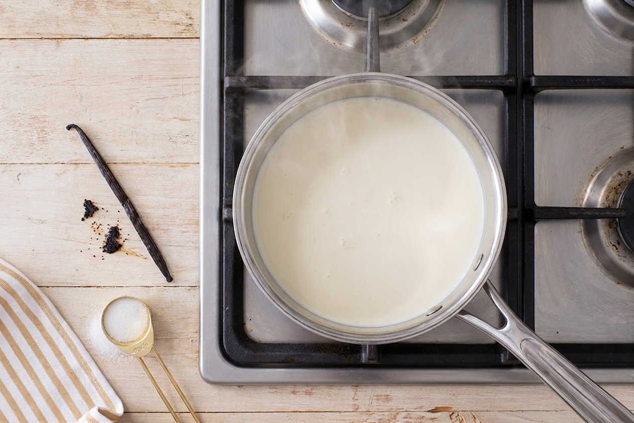 Heavy cream steaming gently in a stainless steel saucepan on a stovetop, vanilla bean nearby on the counter
