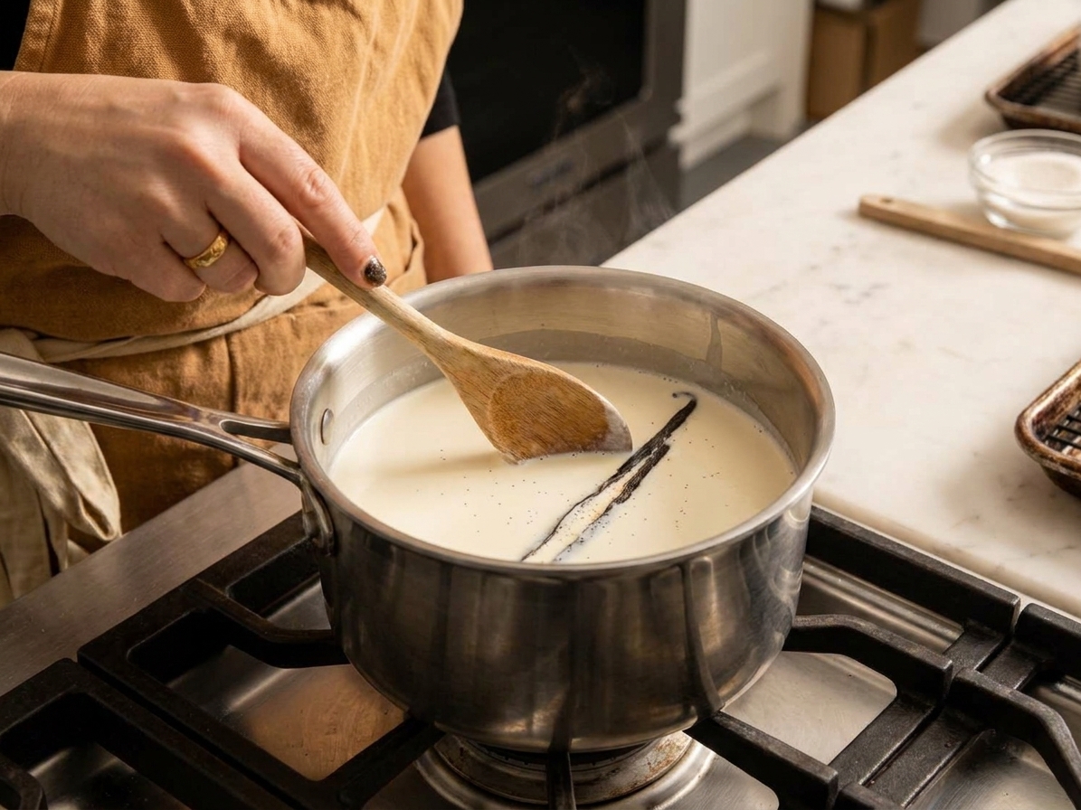 Heavy cream warming in a saucepan with a split vanilla bean on a stovetop