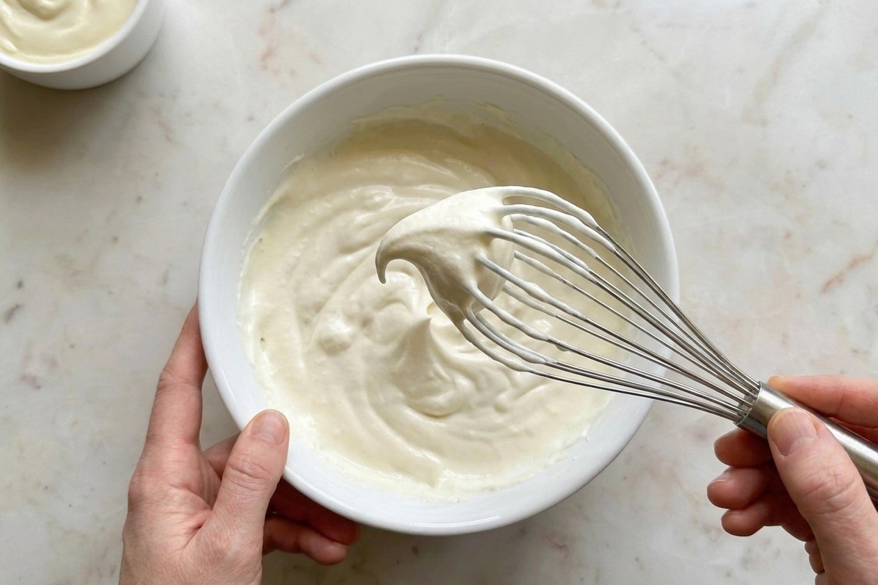 Heavy cream whipped to medium peaks in a mixing bowl