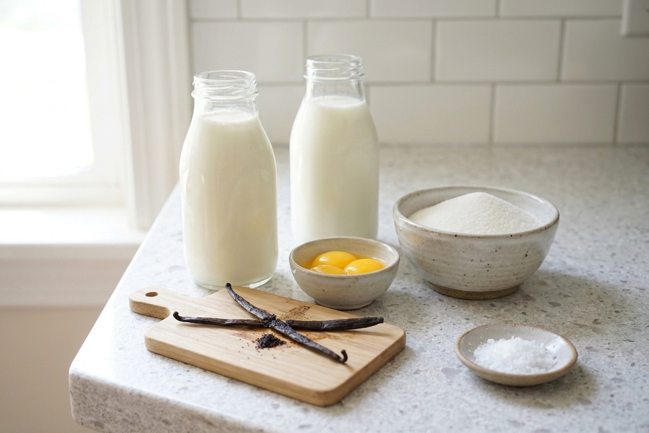 Heavy cream, whole milk, granulated sugar, egg yolks, vanilla bean, and kosher salt arranged on a clean kitchen counter in bright natural light