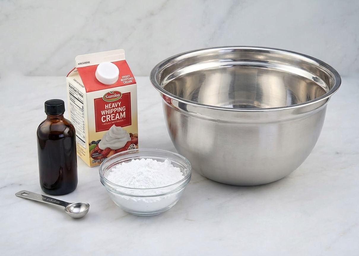 Heavy whipping cream, powdered sugar, and vanilla extract measured on a clean kitchen counter next to a mixing bowl