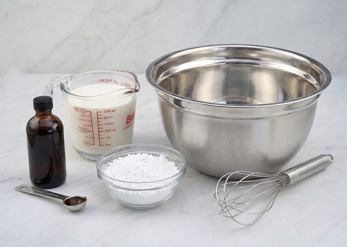Heavy whipping cream, powdered sugar, and vanilla extract measured on a clean kitchen counter next to a mixing bowl