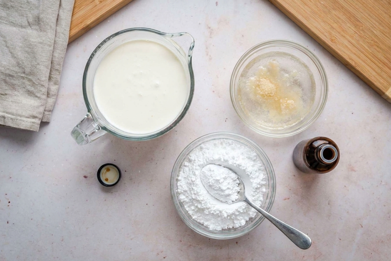 Heavy whipping cream, powdered sugar, vanilla extract, and a small bowl of gelatin on a kitchen counter, ready for making frosting