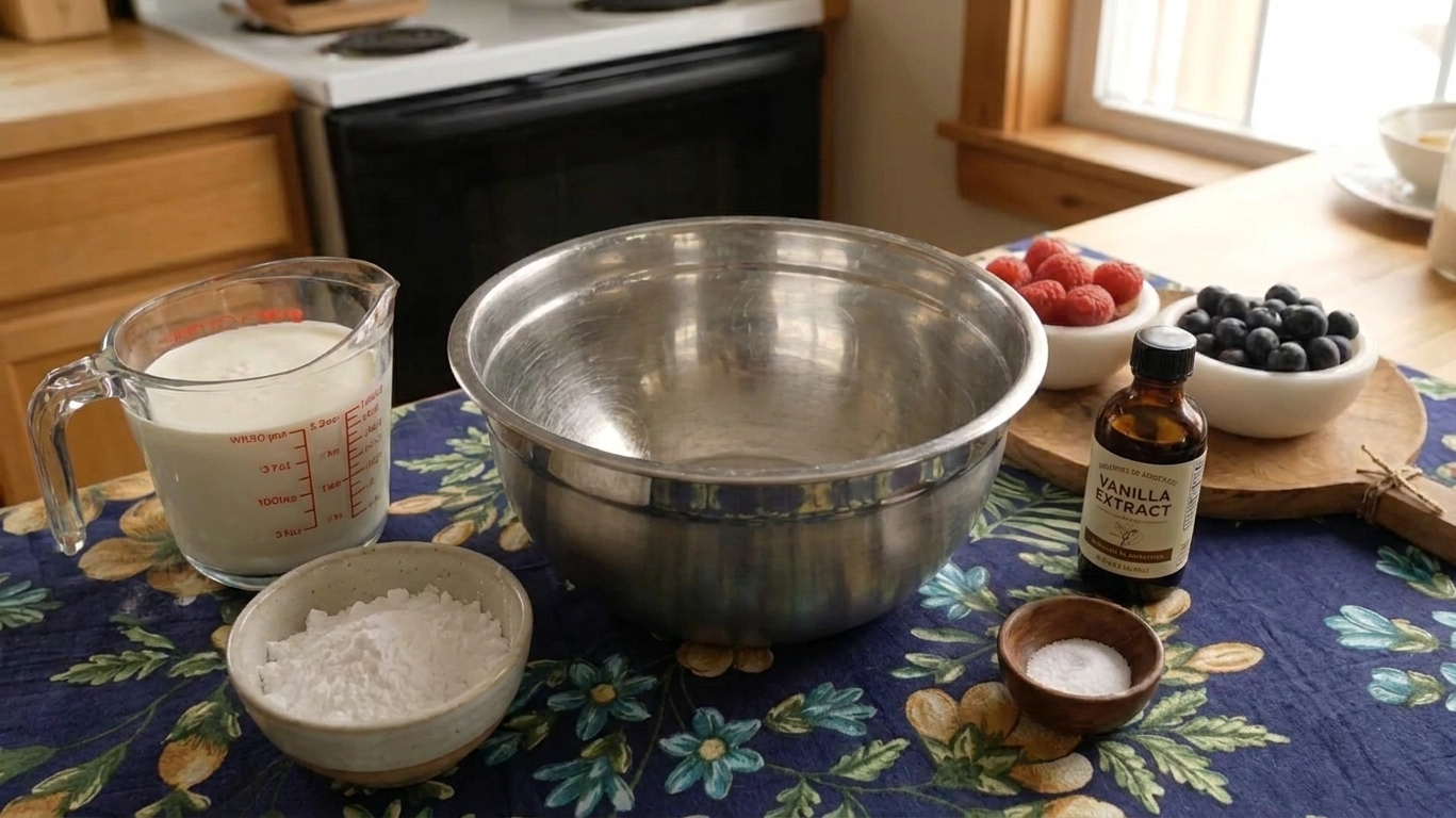 Heavy whipping cream, powdered sugar, vanilla extract, and a pinch of salt measured on a kitchen counter with a metal mixing bowl