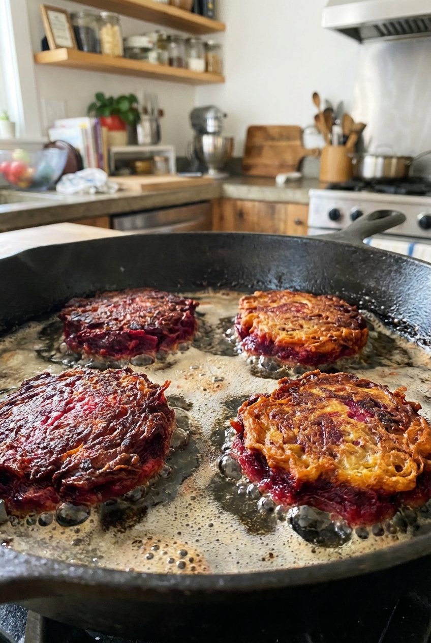Heirloom beet fritters sizzling in a skillet with bubbling oil, showing crisp edges forming as they cook