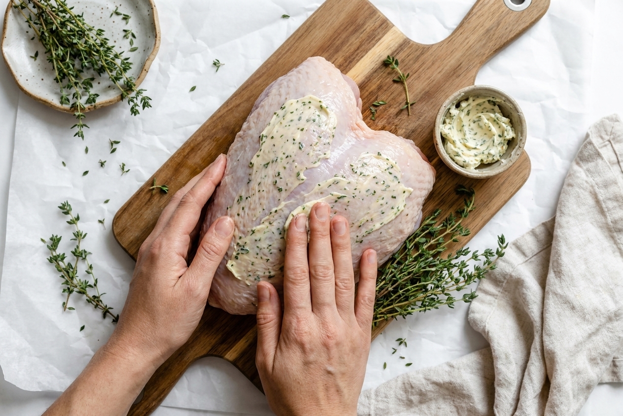 Herb butter being rubbed under and over the skin of a turkey breast on a cutting board with thyme leaves scattered around