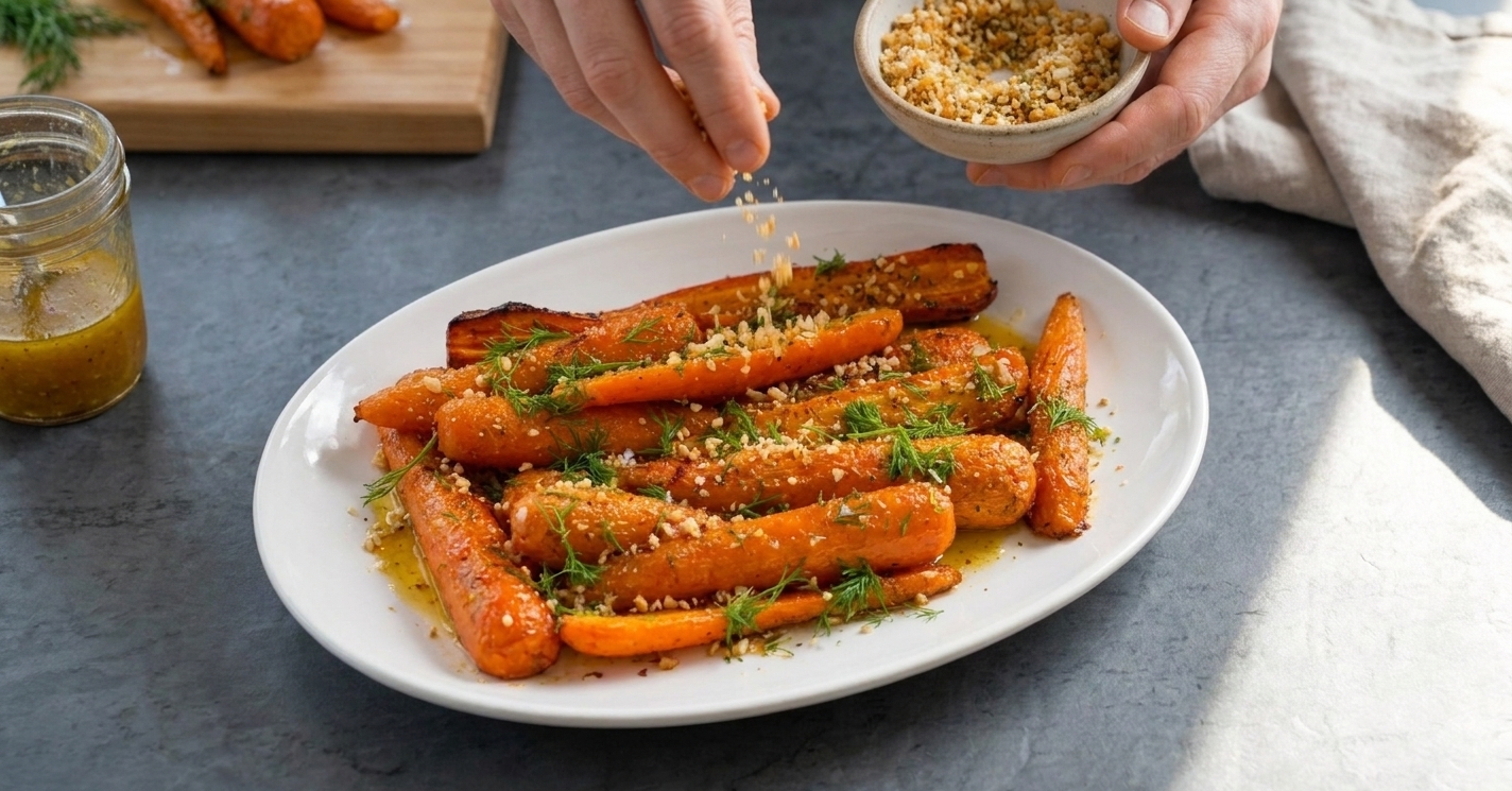Herby toasted breadcrumbs being sprinkled over honey mustard glazed roasted carrots on a serving platter on a bright kitchen counter