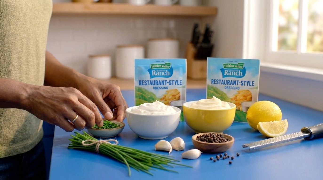 Hidden Valley Ranch seasoning packet, sour cream, mayonnaise, lemon, garlic, black pepper, and fresh chives laid out on a tidy kitchen counter under warm light