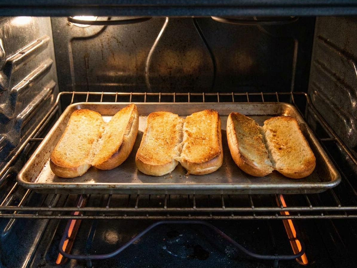 Hoagie rolls split open and toasting on a sheet pan in a home oven until lightly golden