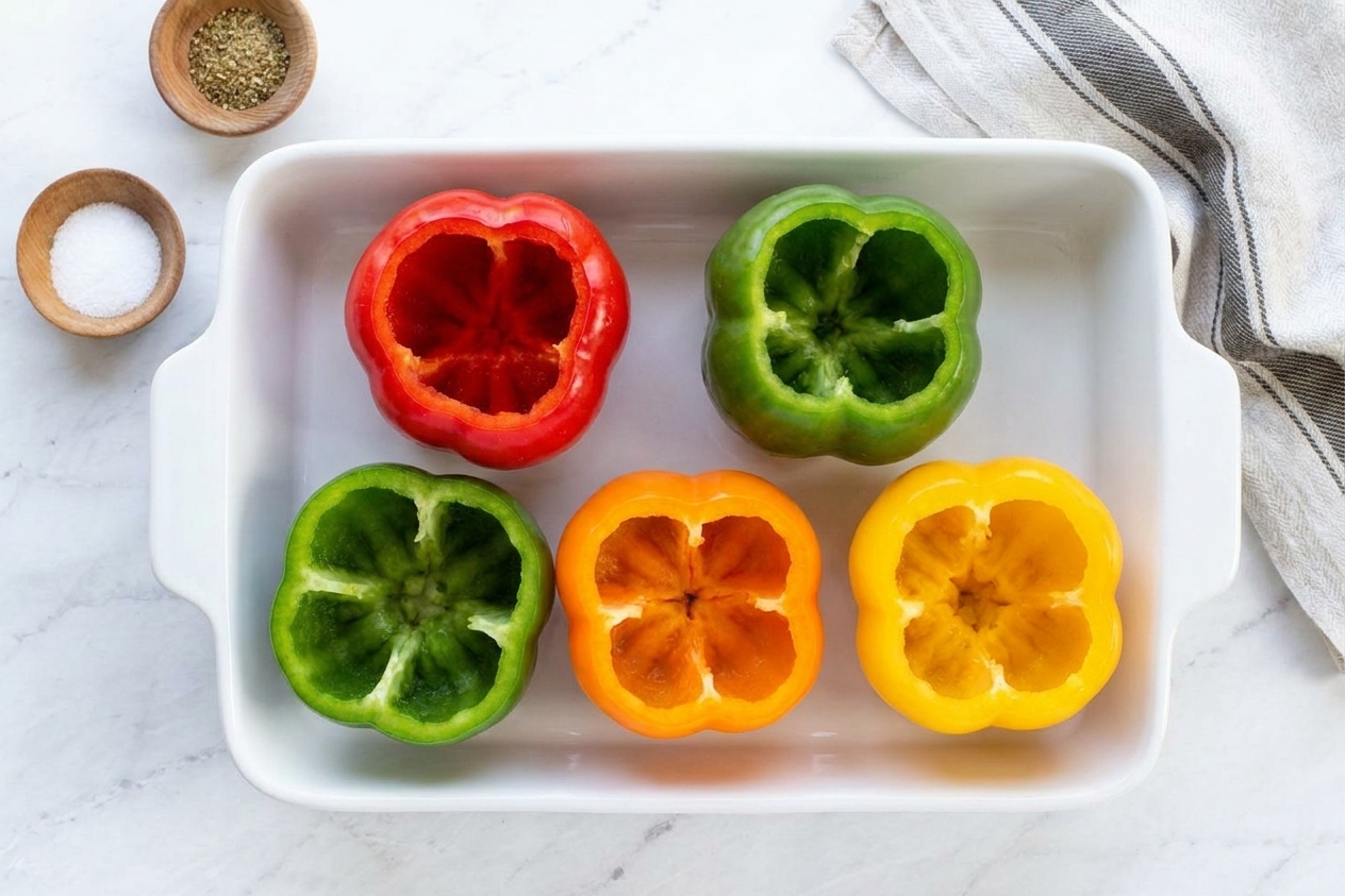 Hollowed capsicums standing upright in a baking dish, ready to be pre-baked