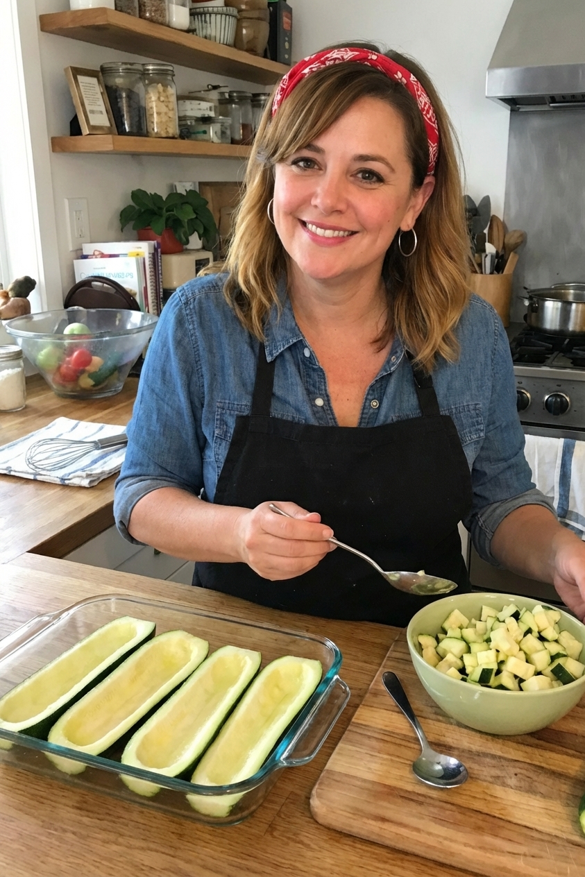 Hollowed zucchini halves arranged in a baking dish on a counter with a spoon and chopped zucchini nearby