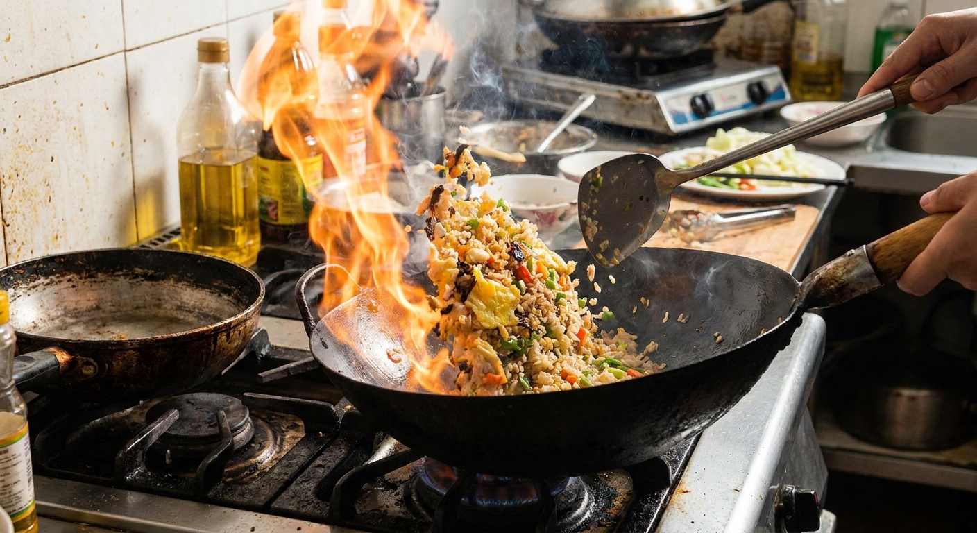 Home kitchen stovetop with a wok on high heat while fried rice is being tossed with a spatula