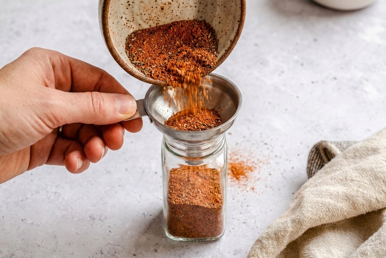 Homemade Cajun seasoning being poured into a small glass spice jar using a metal funnel on a kitchen counter