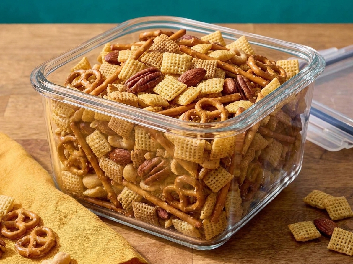 Homemade Chex Mix stored in a clear airtight container