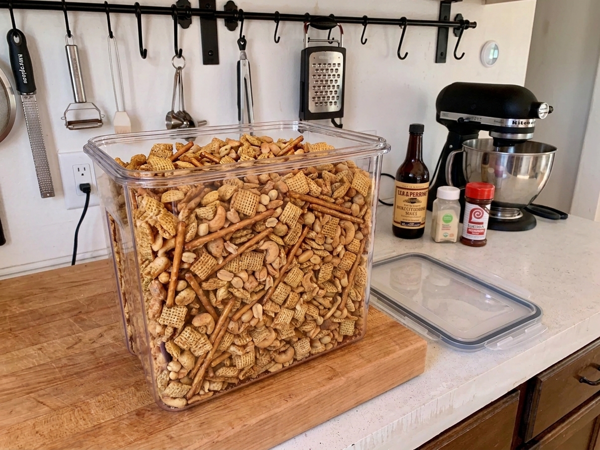 Homemade Chex party mix stored in a clear airtight container on a kitchen counter with a lid set nearby