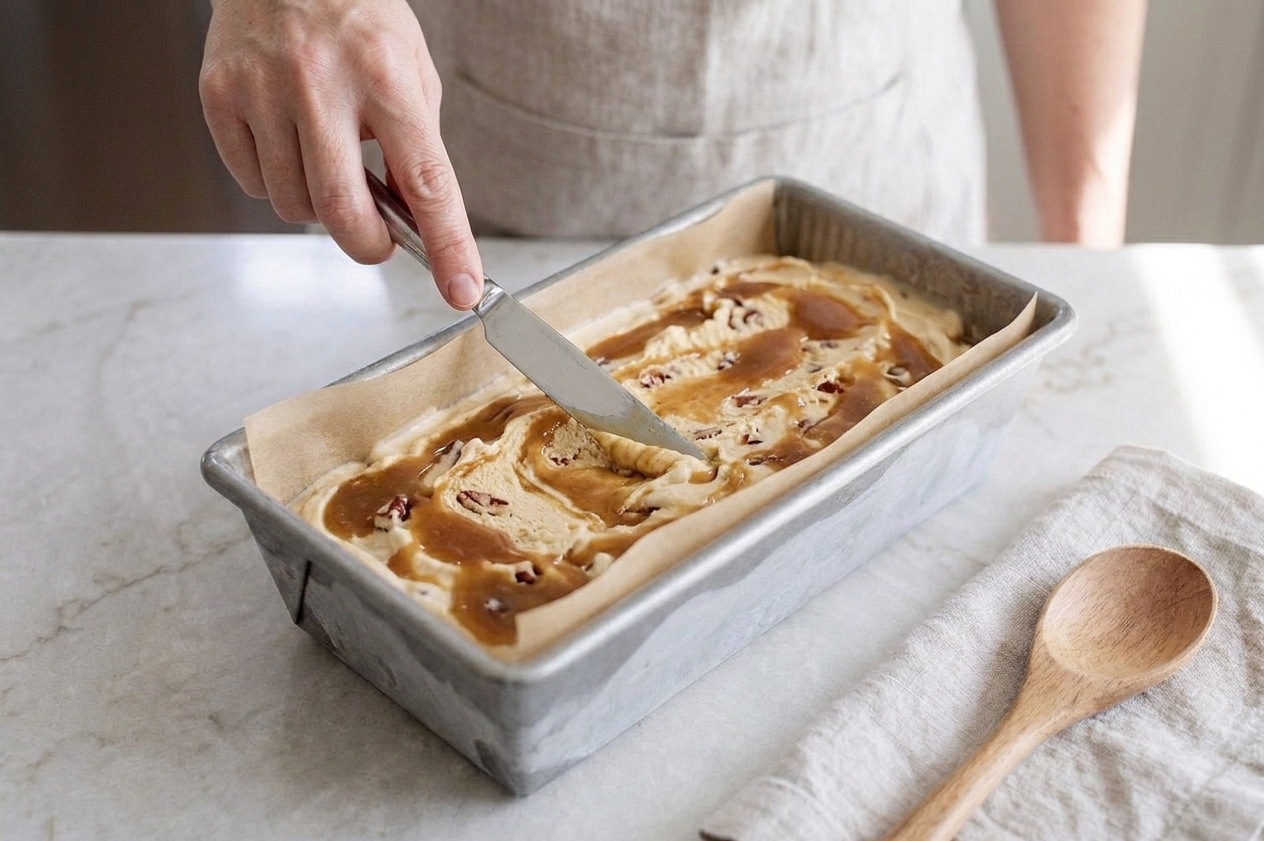 Homemade butter pecan ice cream in a loaf pan with a brown sugar butter swirl being dragged through with a knife