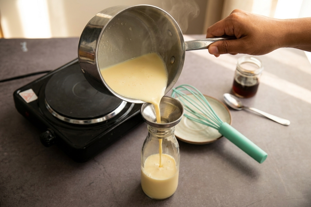 Homemade coffee creamer being poured from a saucepan into a glass bottle using a small funnel on a kitchen counter