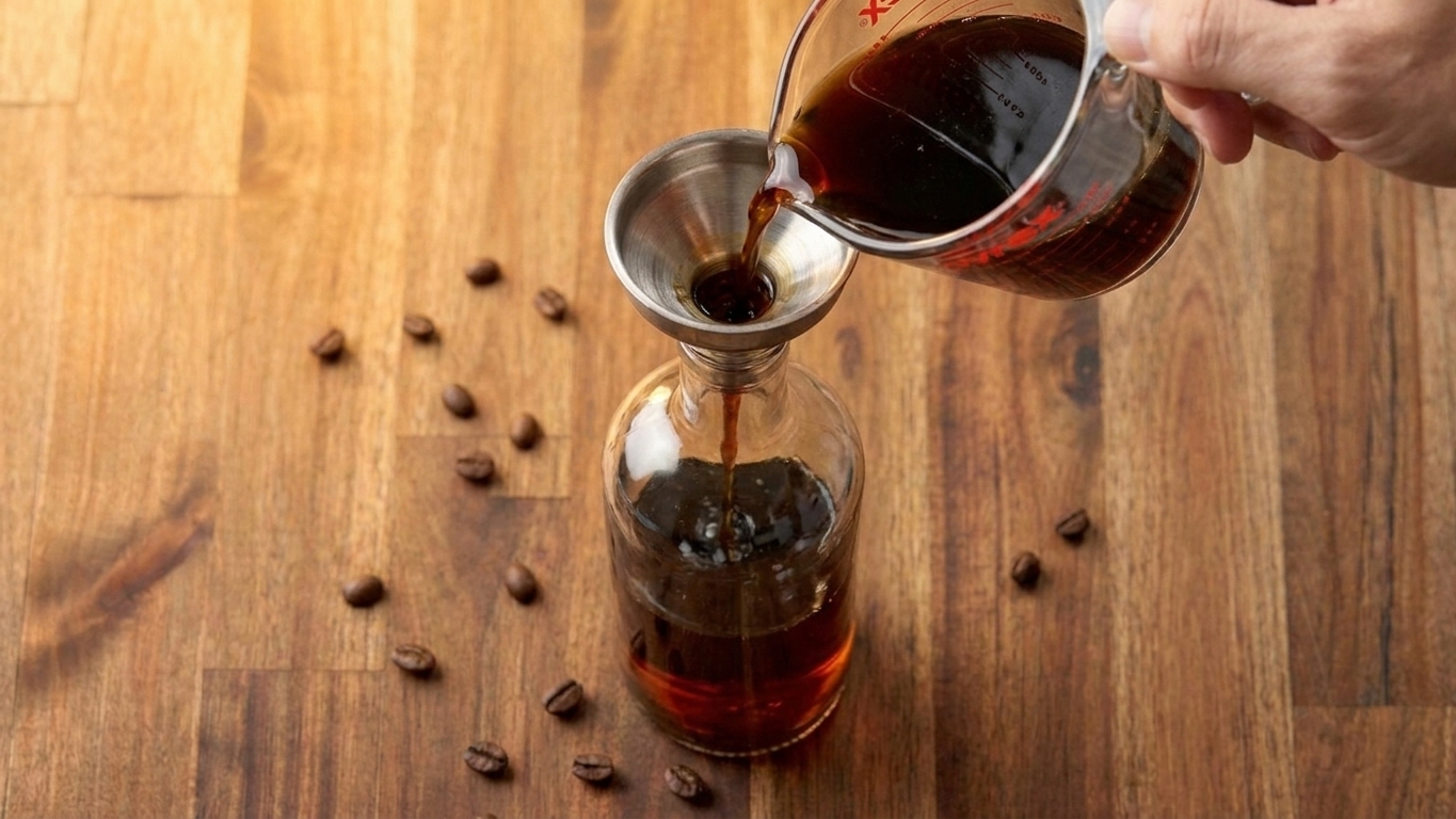 Homemade coffee liqueur being poured through a funnel into a clear glass bottle on a kitchen counter