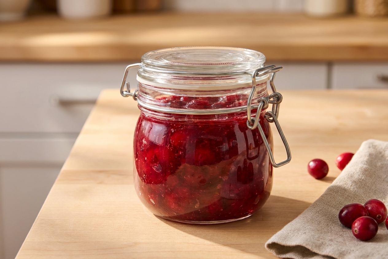 Homemade cranberry sauce stored in a clear glass container with a lid on a kitchen counter