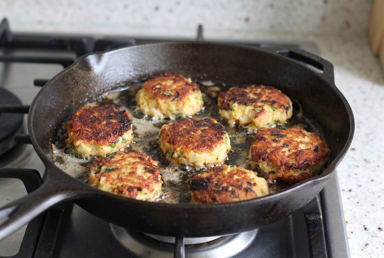 Homemade fishcakes sizzling in a cast iron skillet with oil, turning golden brown with crisp edges on a stovetop