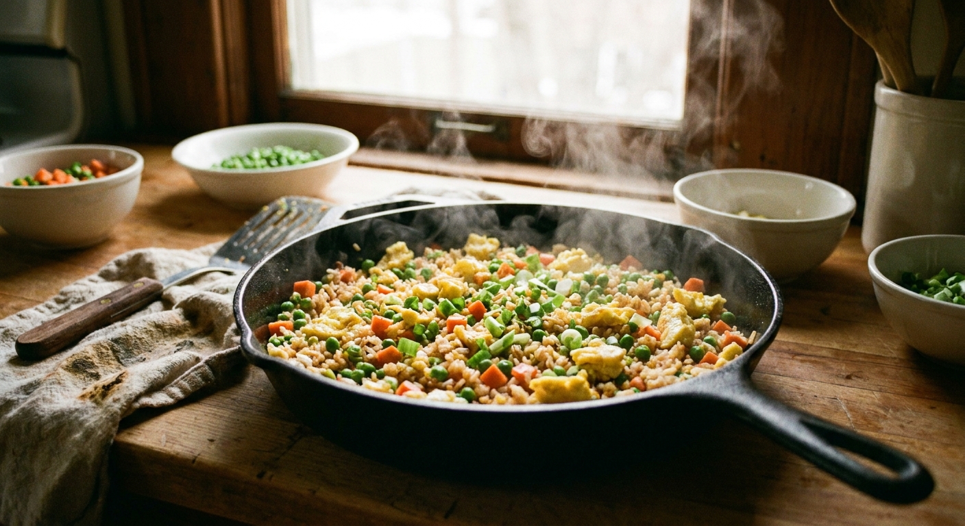 Homemade fried rice in a dark cast-iron skillet with peas, carrots, scrambled egg, and green onions, steam rising in warm kitchen light