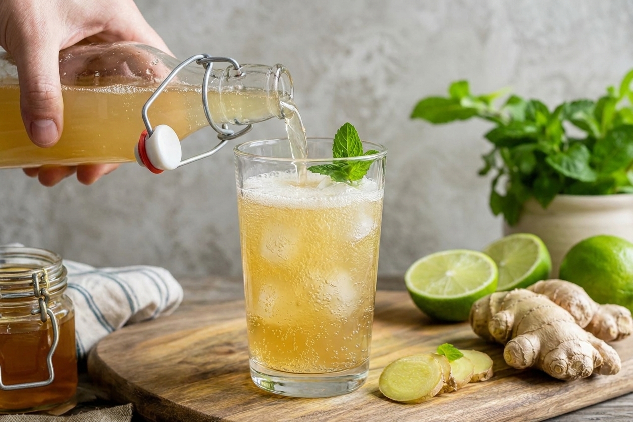 Homemade ginger beer being poured from a bottle into a glass packed with ice, bubbles rising in the drink on a kitchen counter