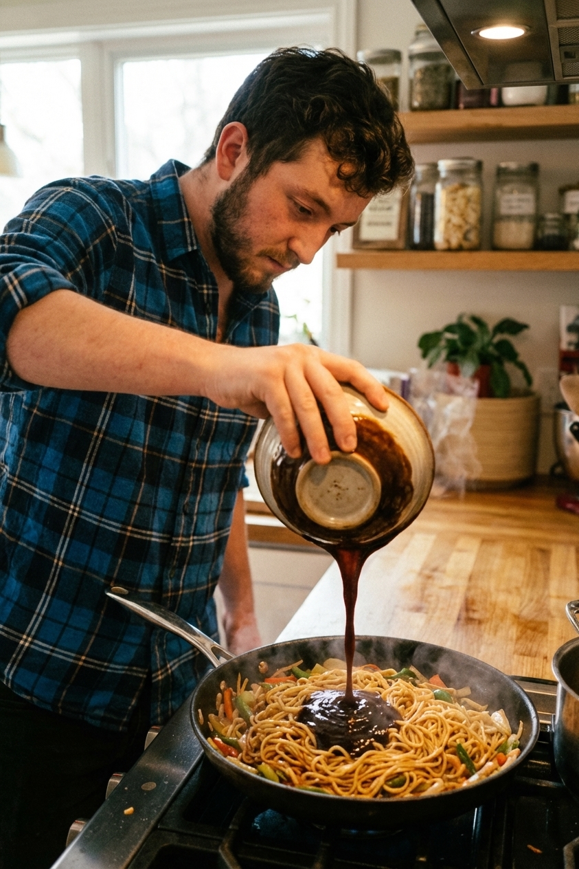 Homemade hoisin sauce being poured from a bowl onto noodles in a pan