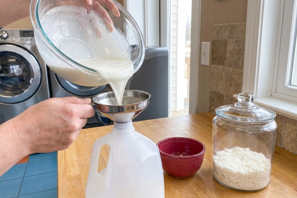 Homemade liquid laundry wash being poured through a funnel into a clean storage jug on a laundry room counter
