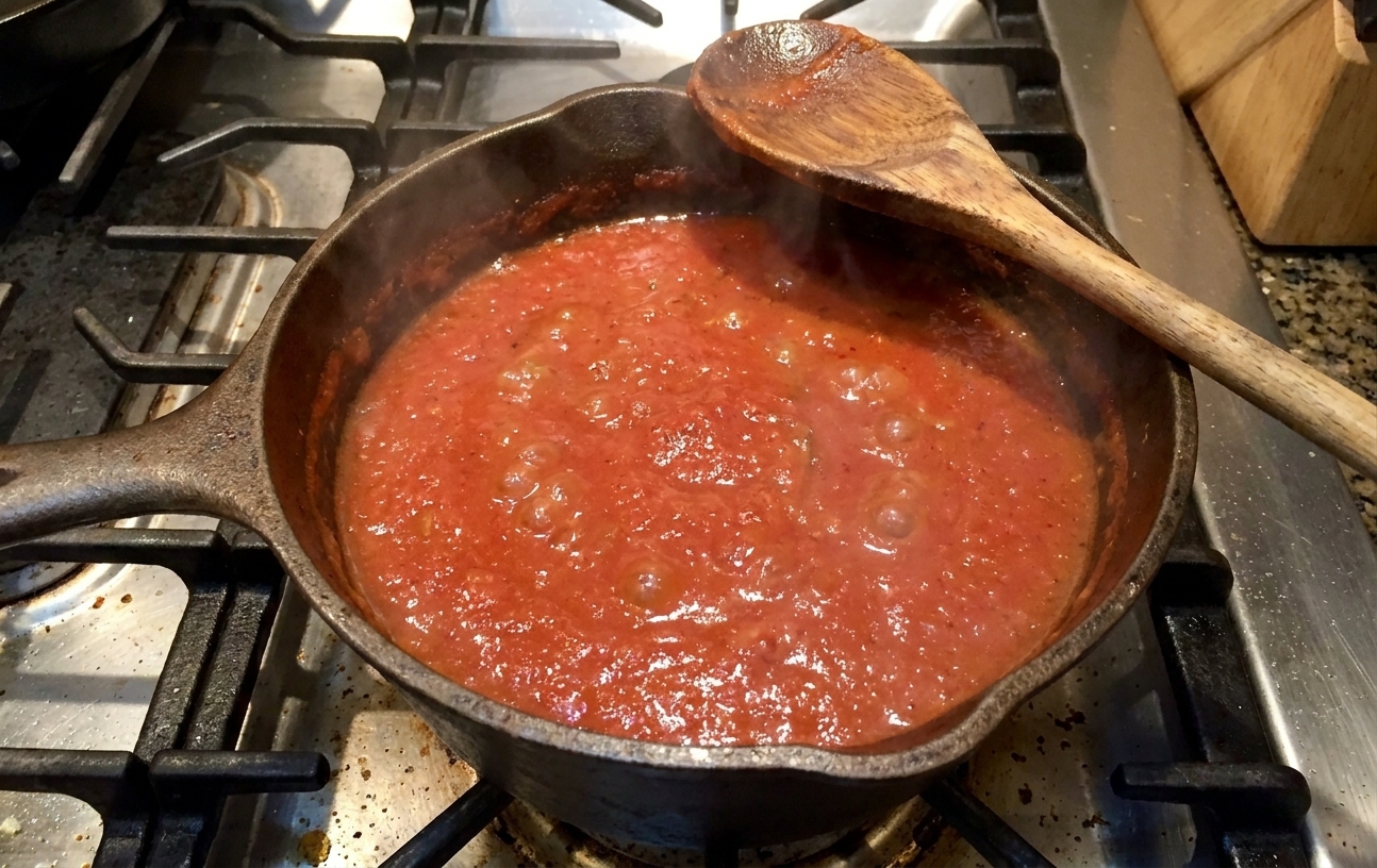 Homemade marinara sauce gently simmering in a saucepan on a stovetop, with small bubbles breaking the surface and a wooden spoon resting on the rim
