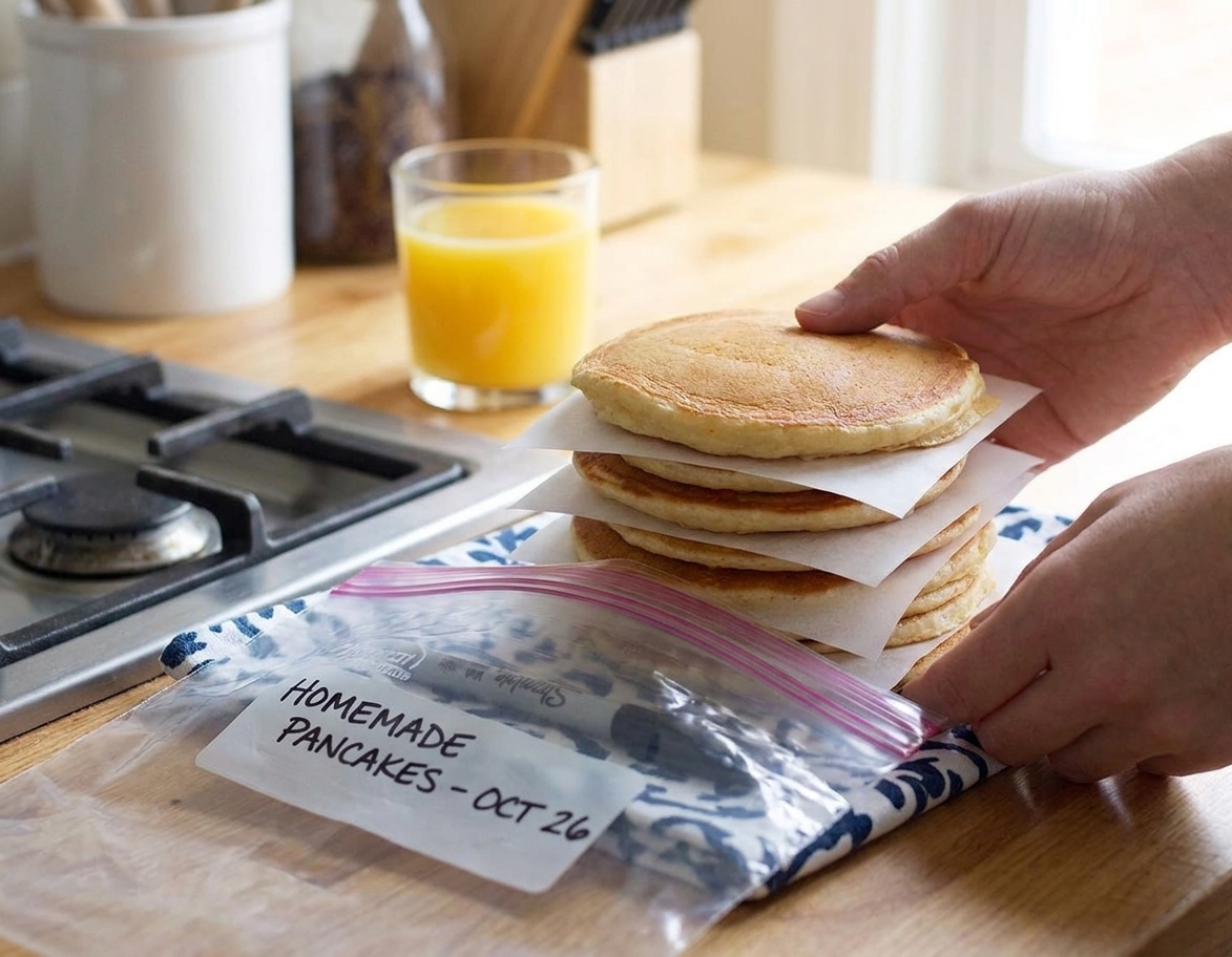Homemade pancakes stacked with parchment paper between layers inside a labeled freezer bag on a kitchen counter