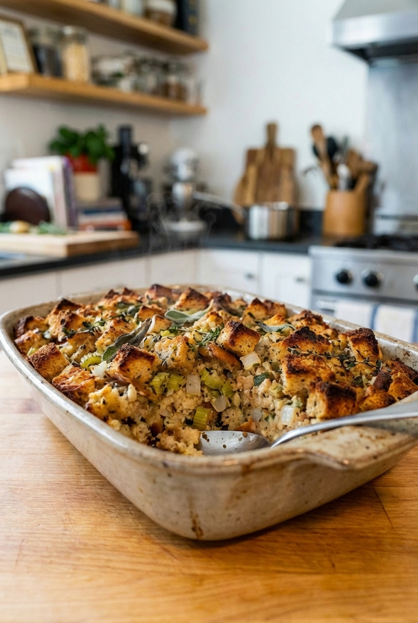 Homemade stuffing in a baking dish with crisp top