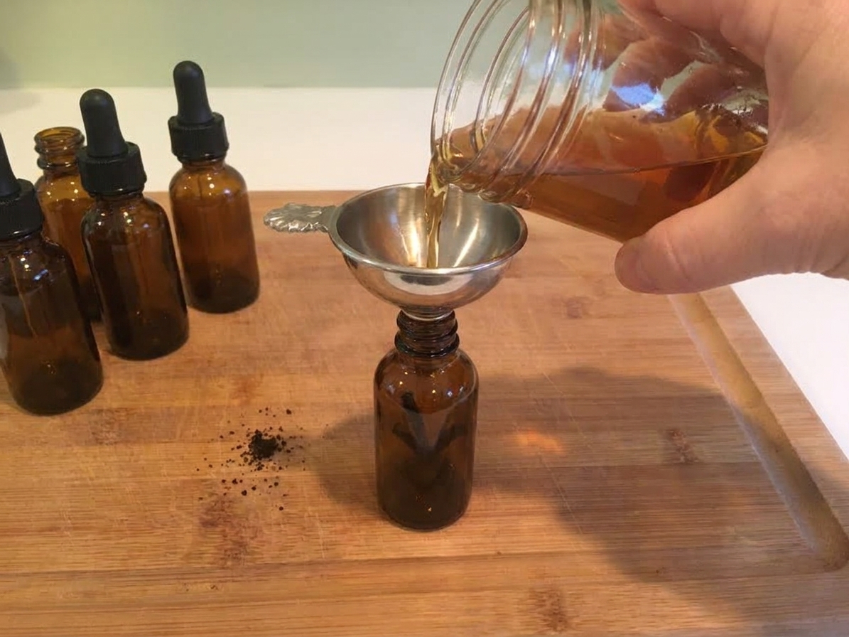 Homemade vanilla extract being poured through a small funnel into an amber glass dropper bottle