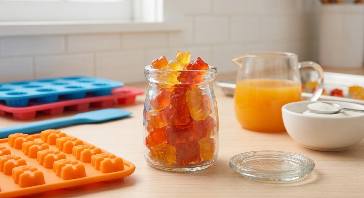 Homemade vegan fruit gummies piled in a small glass jar on a kitchen counter with the lid set beside it