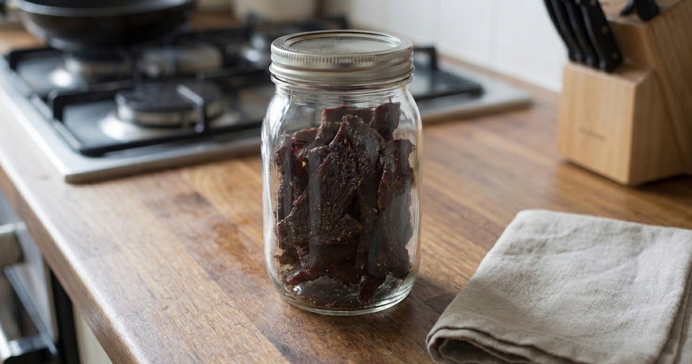 Homemade venison jerky stored in a clear glass jar with a tight lid on a kitchen counter