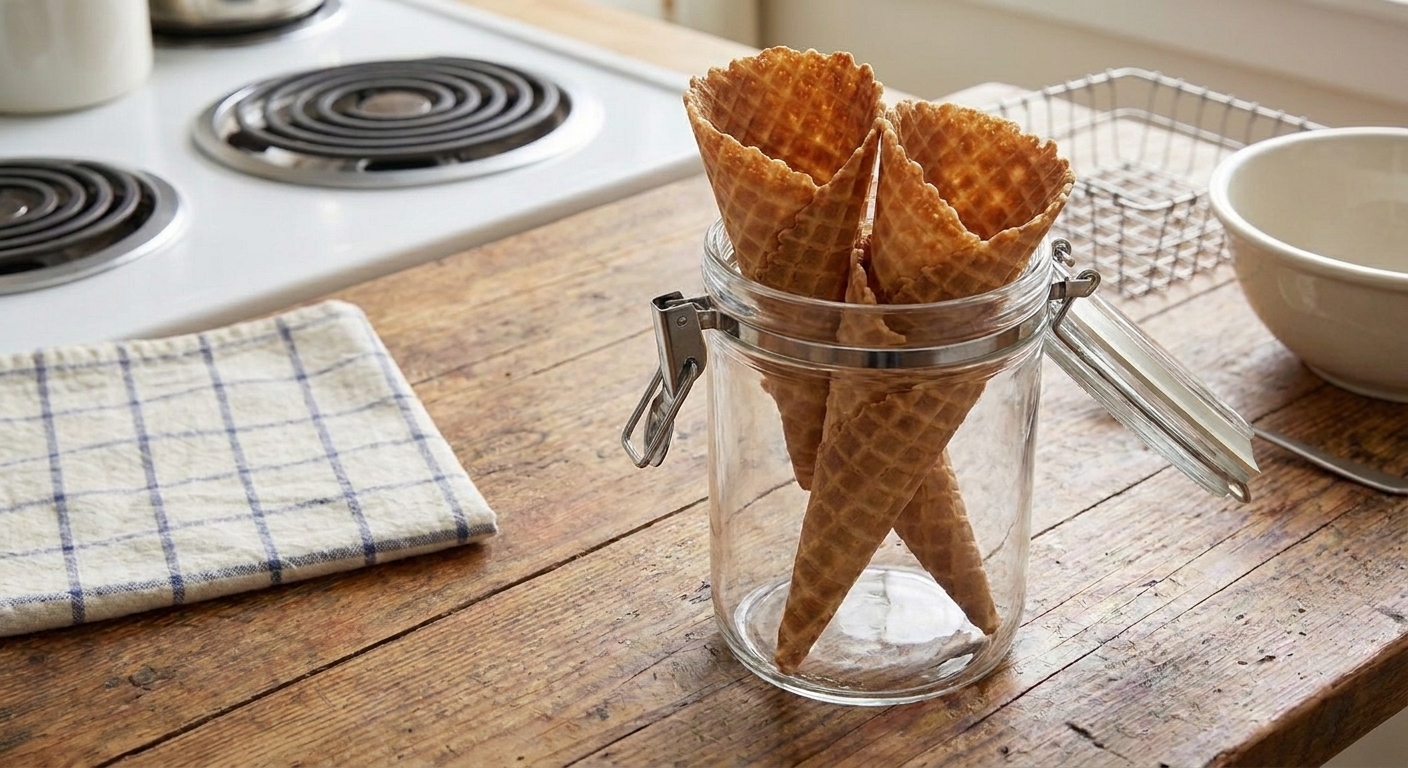 Homemade waffle cones stored upright in a clear airtight container
