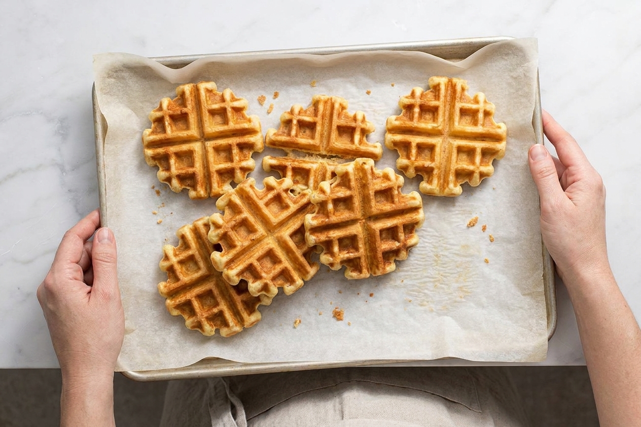 Homemade waffles laid in a single layer on a parchment lined baking sheet, ready to be frozen in a bright home kitchen