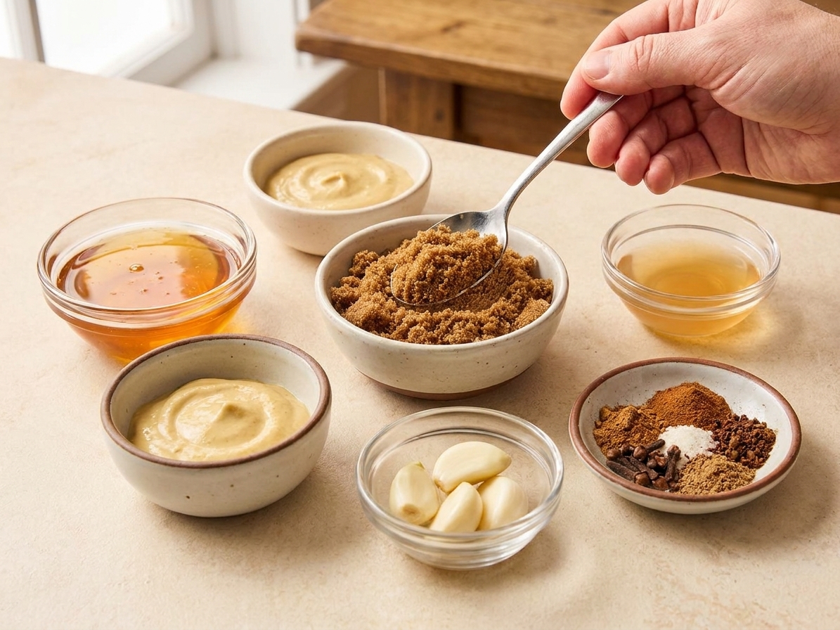 Honey, Dijon mustard, brown sugar, apple cider vinegar, garlic, and spices measured in small bowls on a kitchen counter