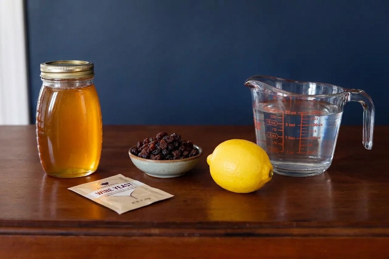 Honey, a packet of wine yeast, raisins, lemon, and a measuring cup of water arranged on a kitchen counter ready for making mead